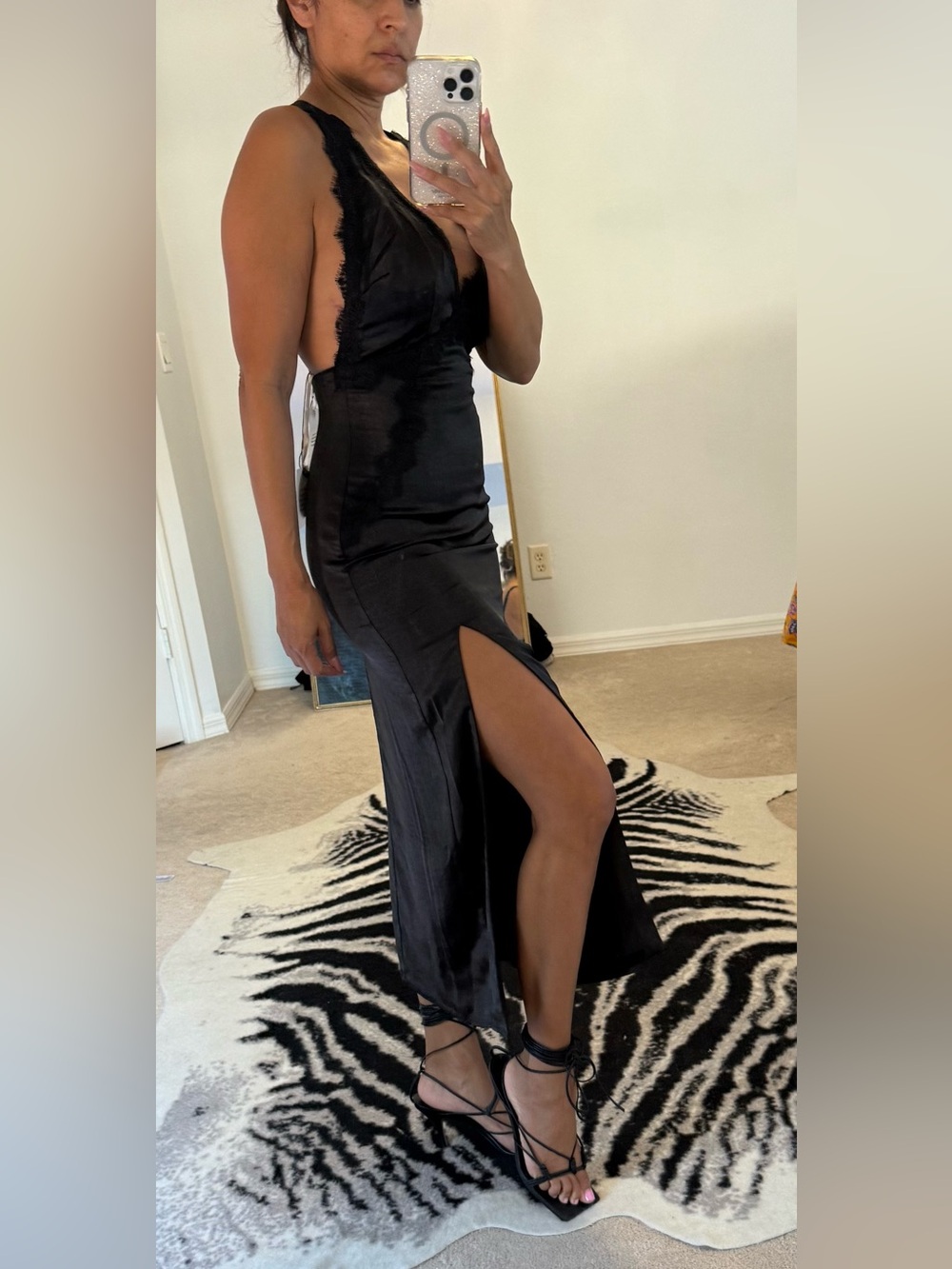 Black Satin Midi Slip Dress with Lace Trim I'm 5'5 and 120